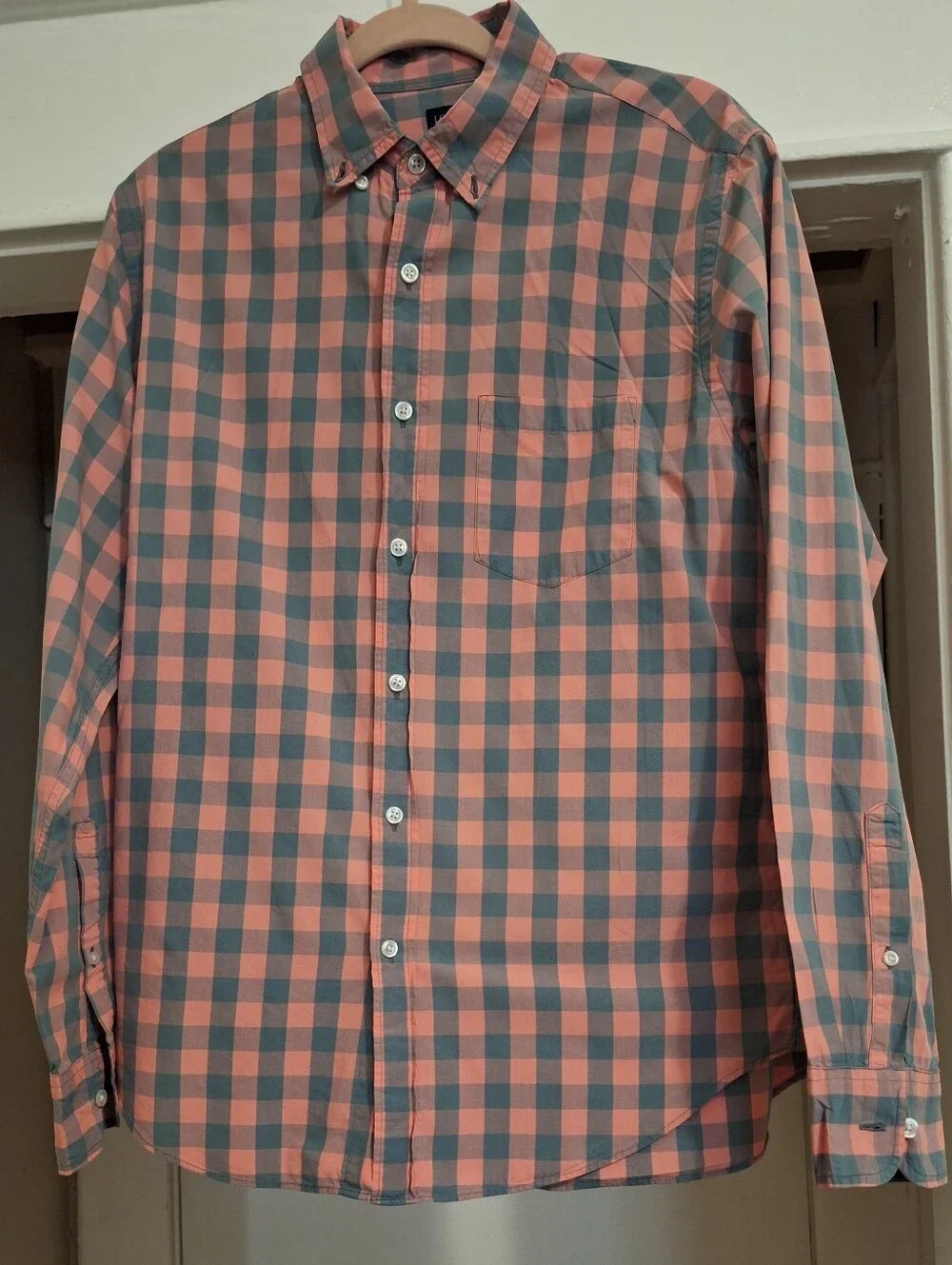J. Crew Coral and Charcoal Check Long-Sleeve Button-Down